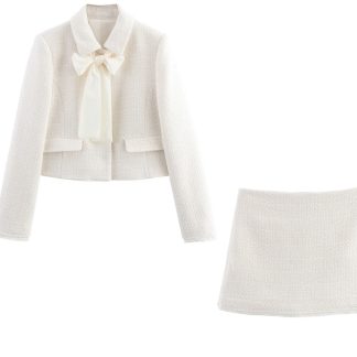Veste Courte En Tweed À Manches Longues Avec Grand Nœud Et Jupe Trapèze Assortie Tenue Vintage Élégante Blanc Lait Pour Femmes