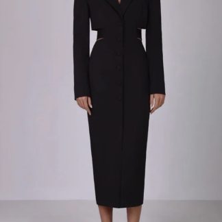 Robe Midi Élégante Col Revers Manches Longues Taille Évidée Boutonnage Simple Bodycon Mélange Polyester Pour Femme Bureau