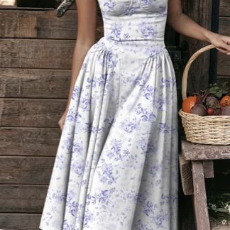 Robe Midi Vintage Française Taille Corset Bretelles Spaghetti Halter Élégante Florale